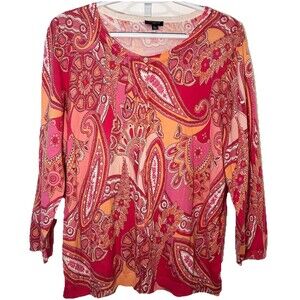 Talbots Petite XL Pink Paisley Button Front Cardigan 3/4 Sleeve Boho Grannycore